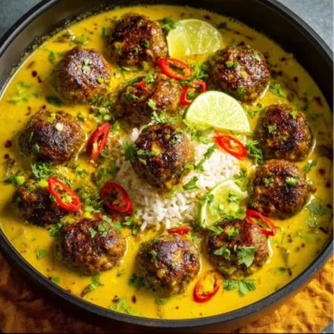 A bowl of jerk meatballs in coconut curry sauce.