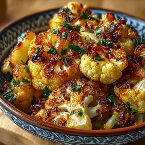 A bowl of roasted cauliflower with herbs and spices.