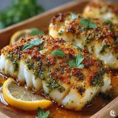 A dish of cooked fish with pesto and Parmesan cheese.