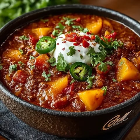 A bowl of chili with peaches and jalapenos.