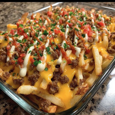 A cheeseburger french fry bake is displayed in a glass dish.