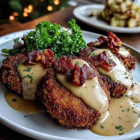 A plate of country fried pork with bacon gravy.