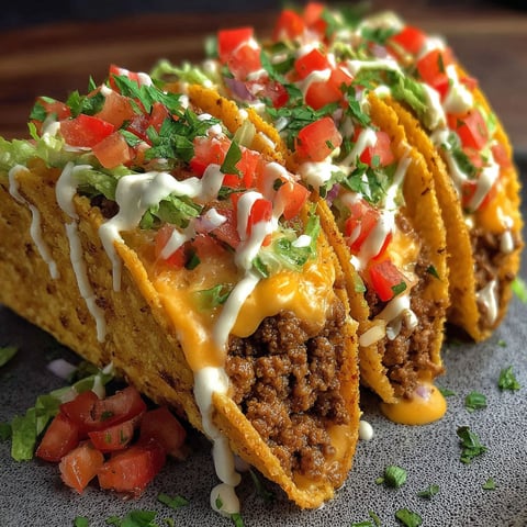 A loaded taco with cheese sauce.