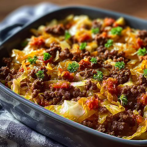A savory cabbage beef bake in a blue dish.