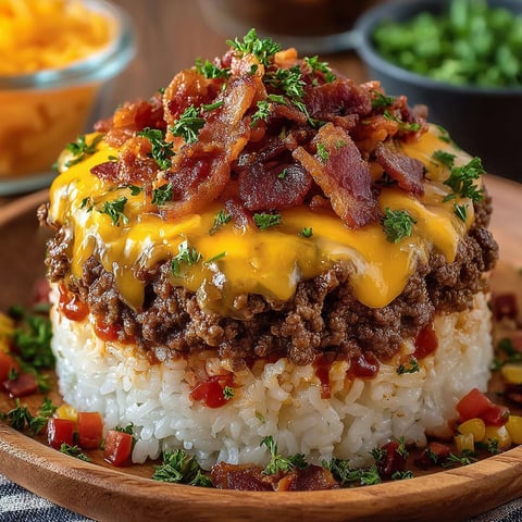 A plate of rice with bacon cheeseburger on top.