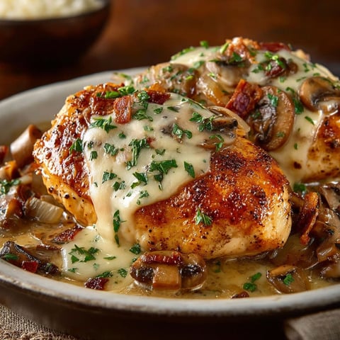 A plate of smothered chicken with mushrooms and cheese.