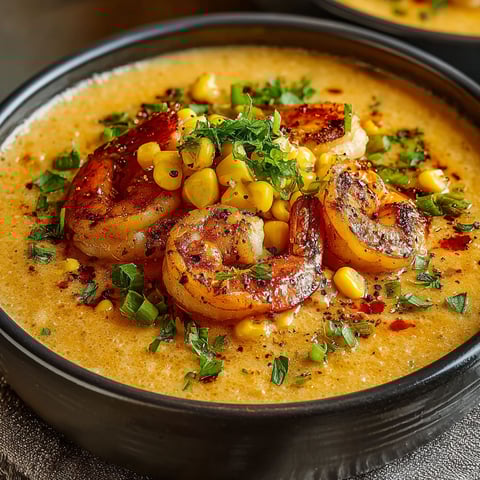 A bowl of shrimp and corn bisque.