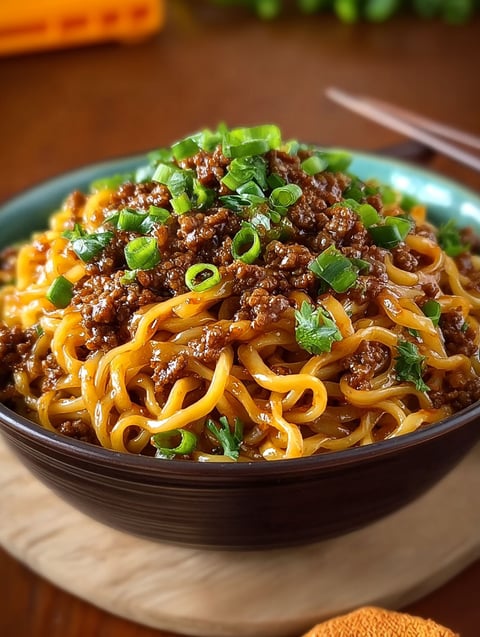 A bowl of Mongolian ground beef noodles.