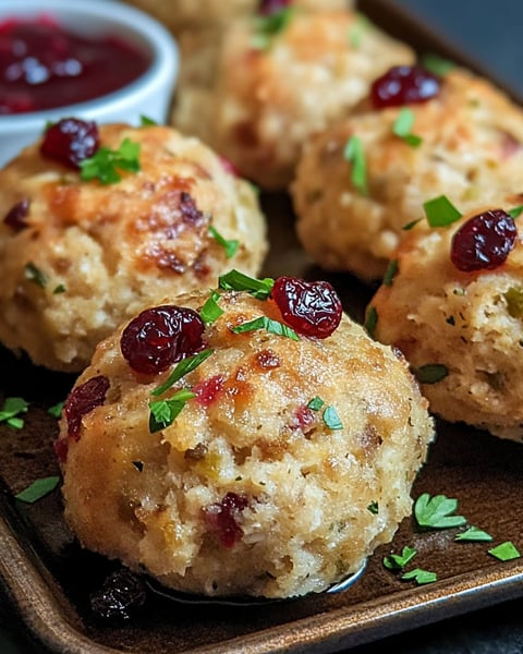 Turkey and stuffing meatballs on a plate.