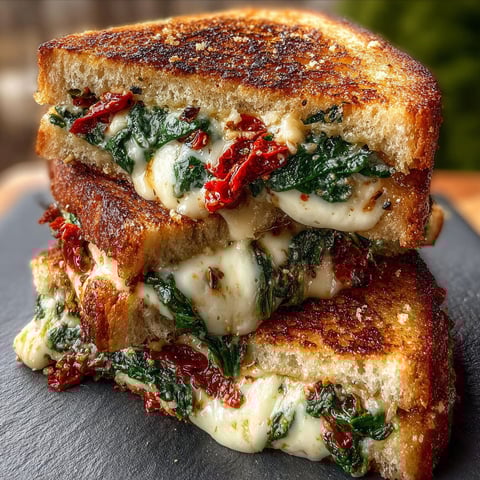A grilled cheese sandwich with spinach and tomatoes.
