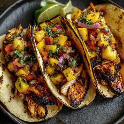 Two teriyaki chicken tacos with pineapple salsa.