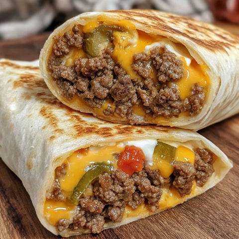 Two cheeseburger wraps with cheese and jalapenos.