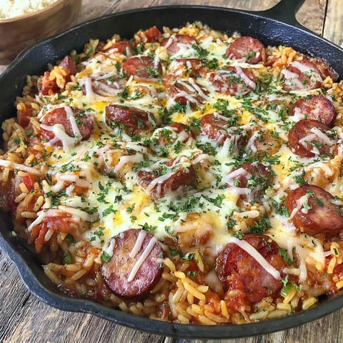 A skillet filled with rice and sausage.
