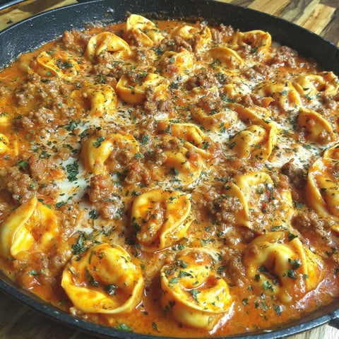 A close up of a delicious creamy Italian sausage tortellini.