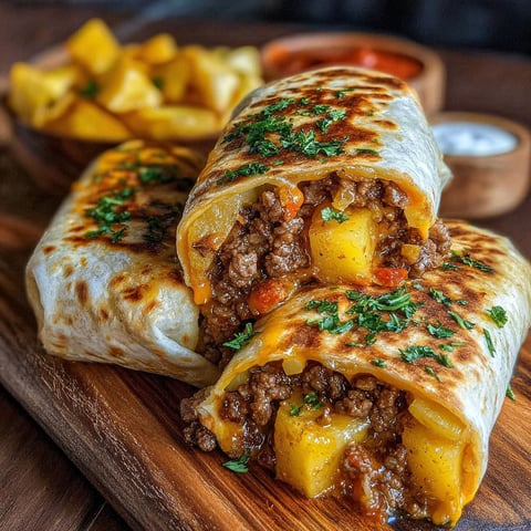 A cheesy burrito with beef and potatoes.
