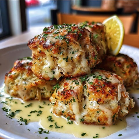 A plate of crab-stuffed cheddar bay biscuits with lemon butter.