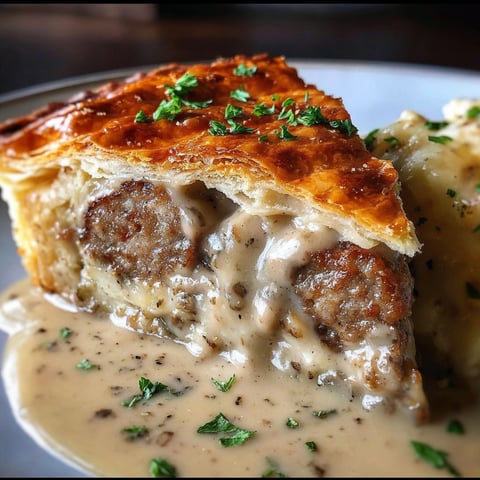 A piece of sausage pie with rich gravy.