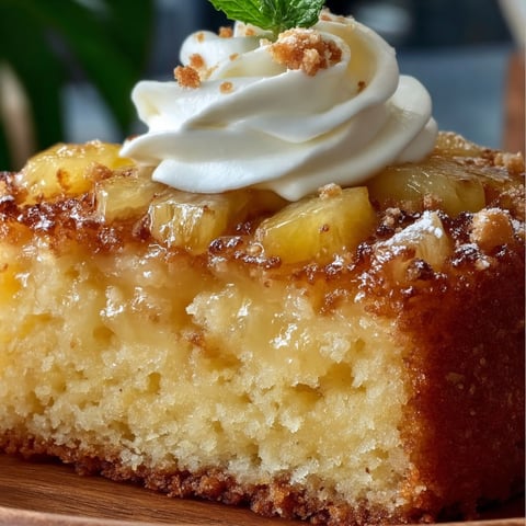A slice of Southern Pineapple Cake with whipped cream on top.
