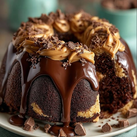 A close up of a Reese's Chocolate Peanut Butter Bundt Cake.
