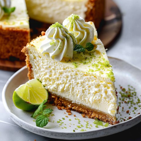A slice of key lime cheesecake on a plate.