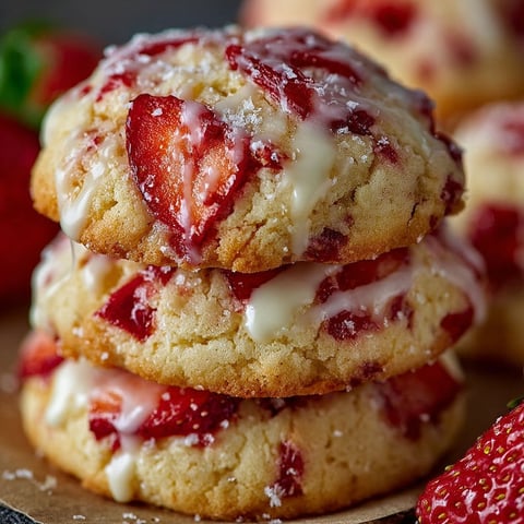 A stack of cookies with strawberries and cream cheese.