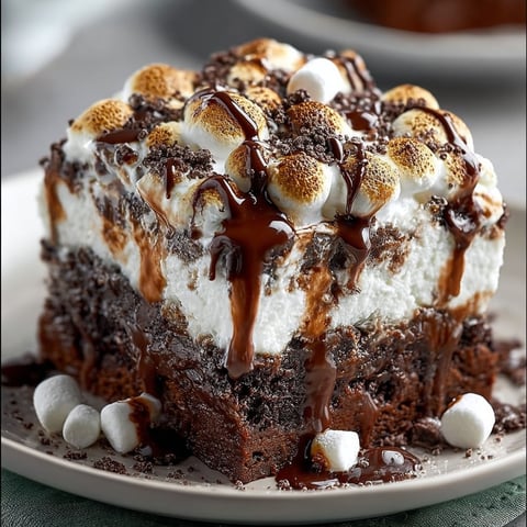 A slice of marshmallow chocolate poke cake.
