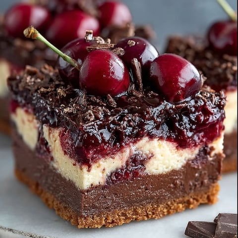 A slice of chocolate cherry cheesecake bars.