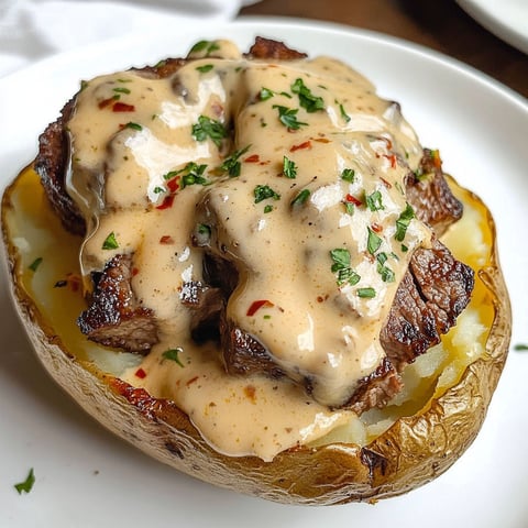 A loaded baked potato with steak bites.