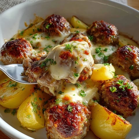 A plate of meatballs with potatoes and cheese.
