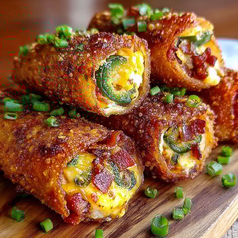 Bacon jalapeno popper egg rolls on a wooden table.