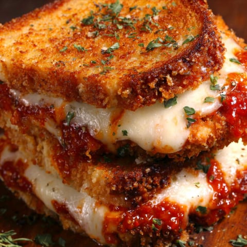 A grilled cheese sandwich with tomato sauce.