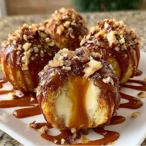 Three caramel apple bombs on a plate.
