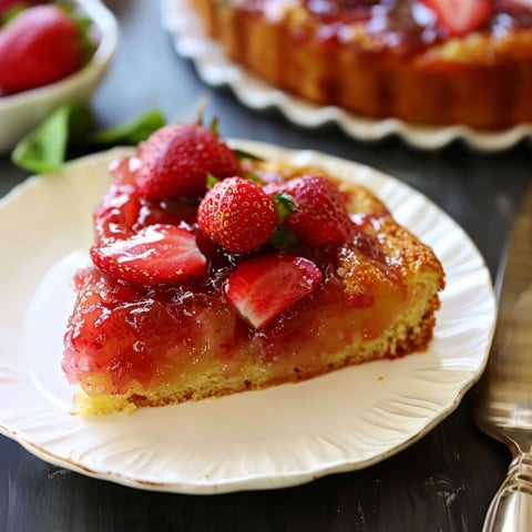 A slice of strawberry rhubarb upside down cake.