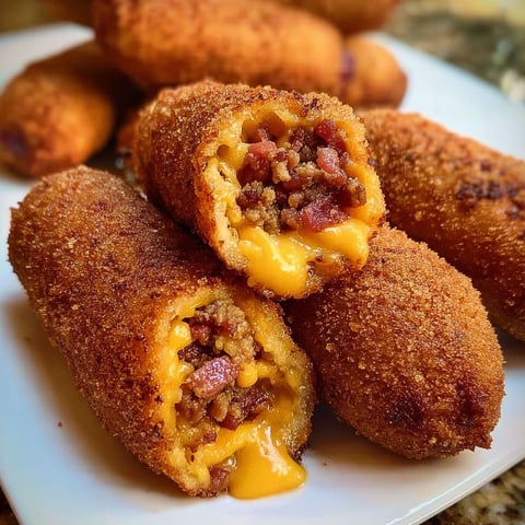 A plate of deep-fried turkey bacon cheeseburger corn dogs.