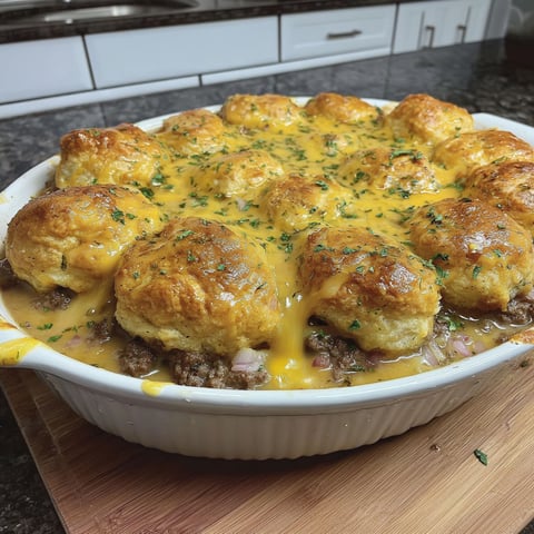 A white bowl filled with a cheddar bay hamburger casserole.