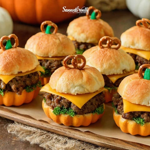 Pumpkin-shaped sliders with cheese and pretzels.