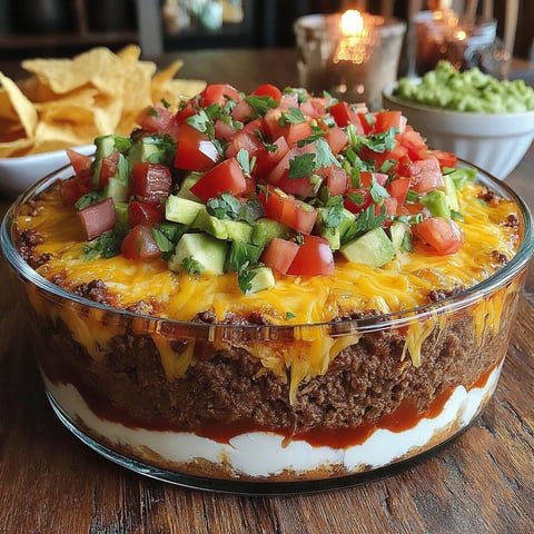 A seven layer taco dip with chips and salsa.