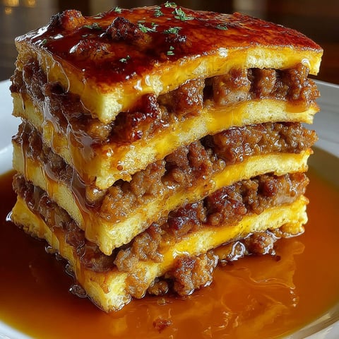 A stack of pancakes with sausage on top.