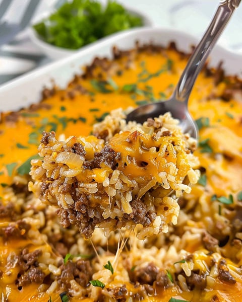 A fork is stuck in a cheesy ground beef and rice casserole.
