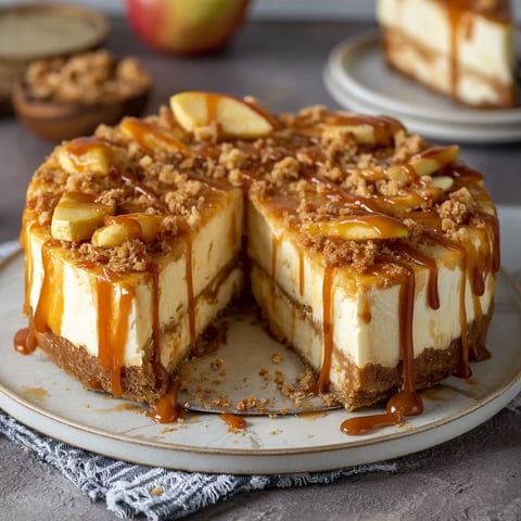 A slice of salted caramel apple pie cheesecake.