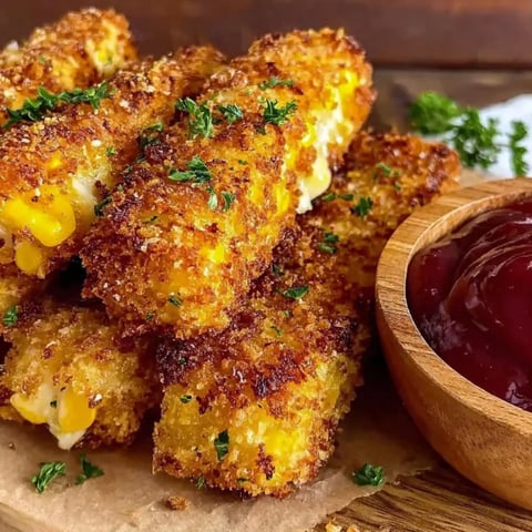 A bowl of ketchup next to a plate of crispy cheesy corn sticks.