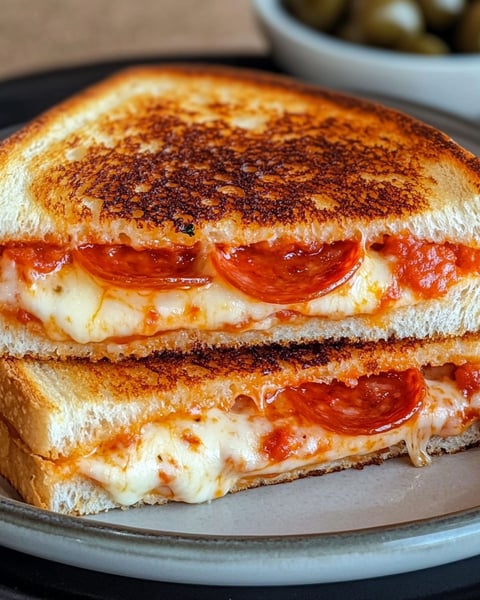 A grilled cheese sandwich with pepperoni.