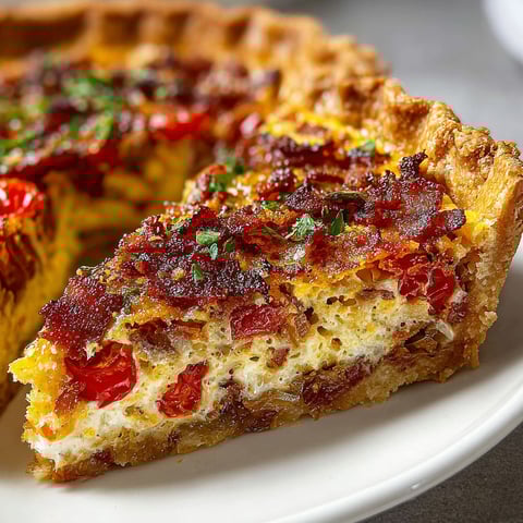 A slice of pie with tomatoes and bacon.