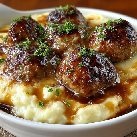 A plate of meatballs and mashed potatoes.