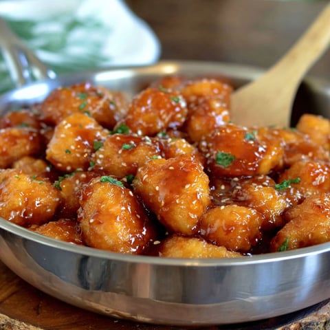 A bowl of baked sweet and sour chicken.