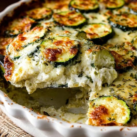 A baked zucchini cheese delight with a fork in it.