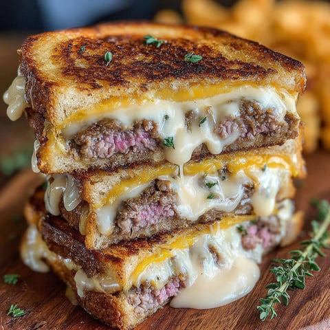 A stack of three smashing patty melts with signature sauce.