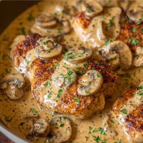 A dish of chicken with mushrooms and garlic sauce.