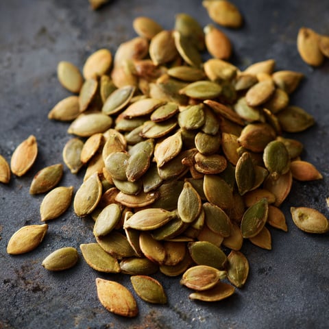 Roasted pumpkin seeds on a table.