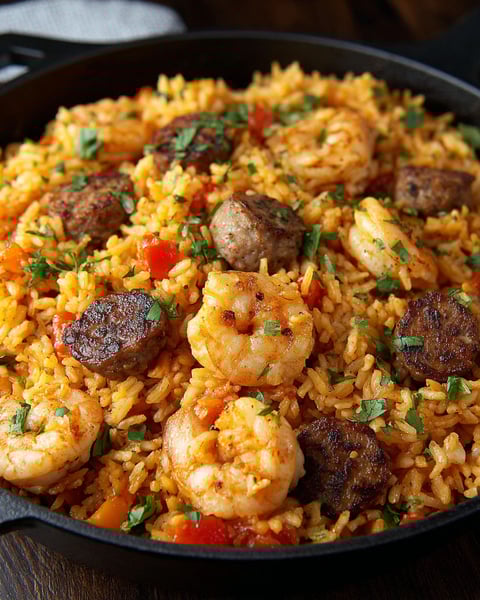 A dish of shrimp and rice.